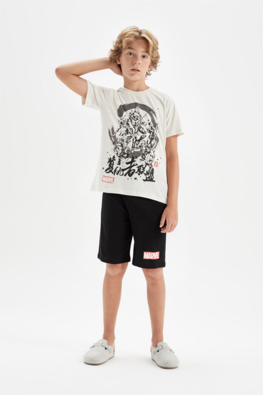 Erkek Çocuk - Genç Erkek Açık Gri Erkek Çocuk Marvel Avengers Pijama Takımı Kısa Kollu Üst Şort