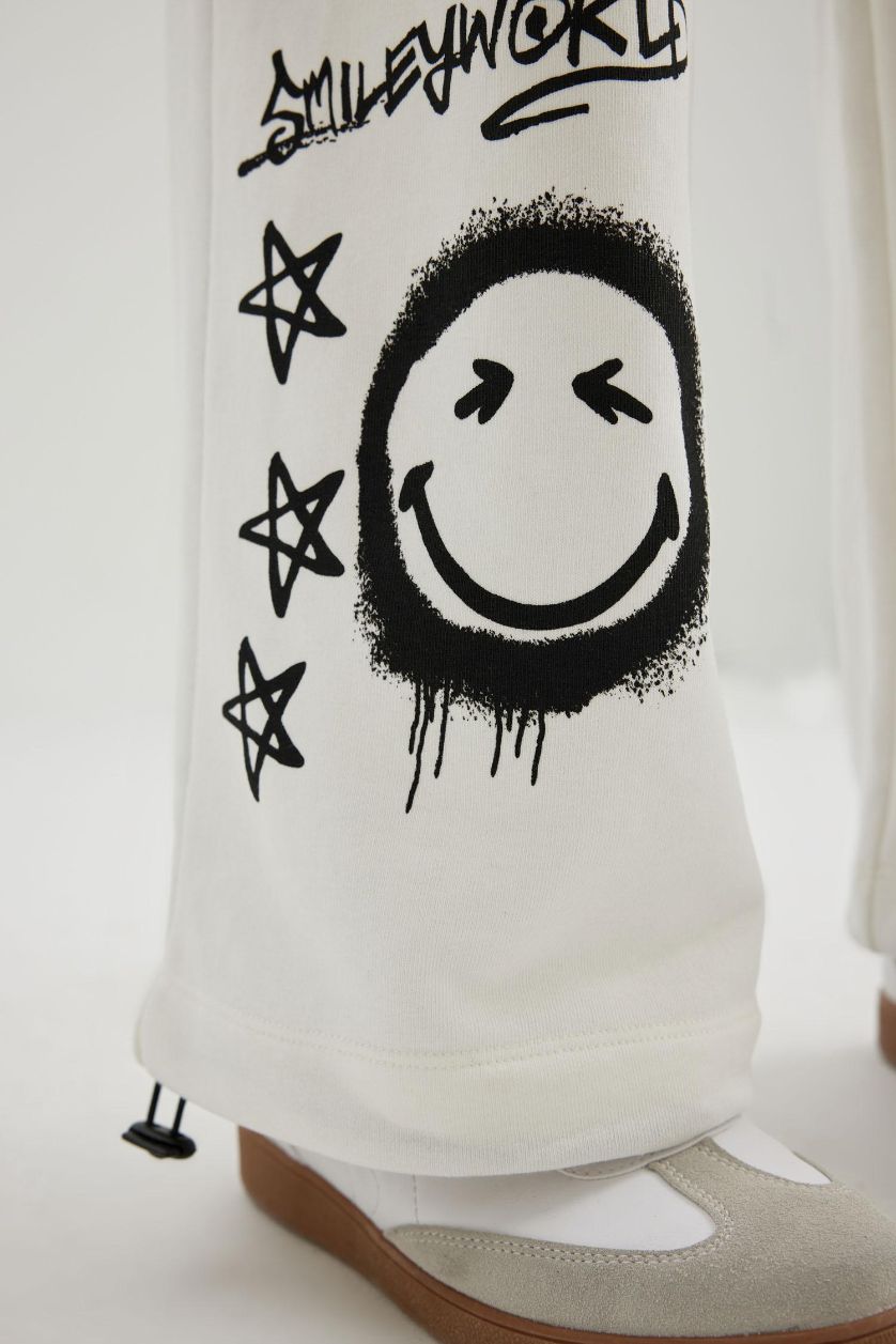 WOMAN White SmileyWorld Wide Leg Printed Pocket Lace-up Sweatpants