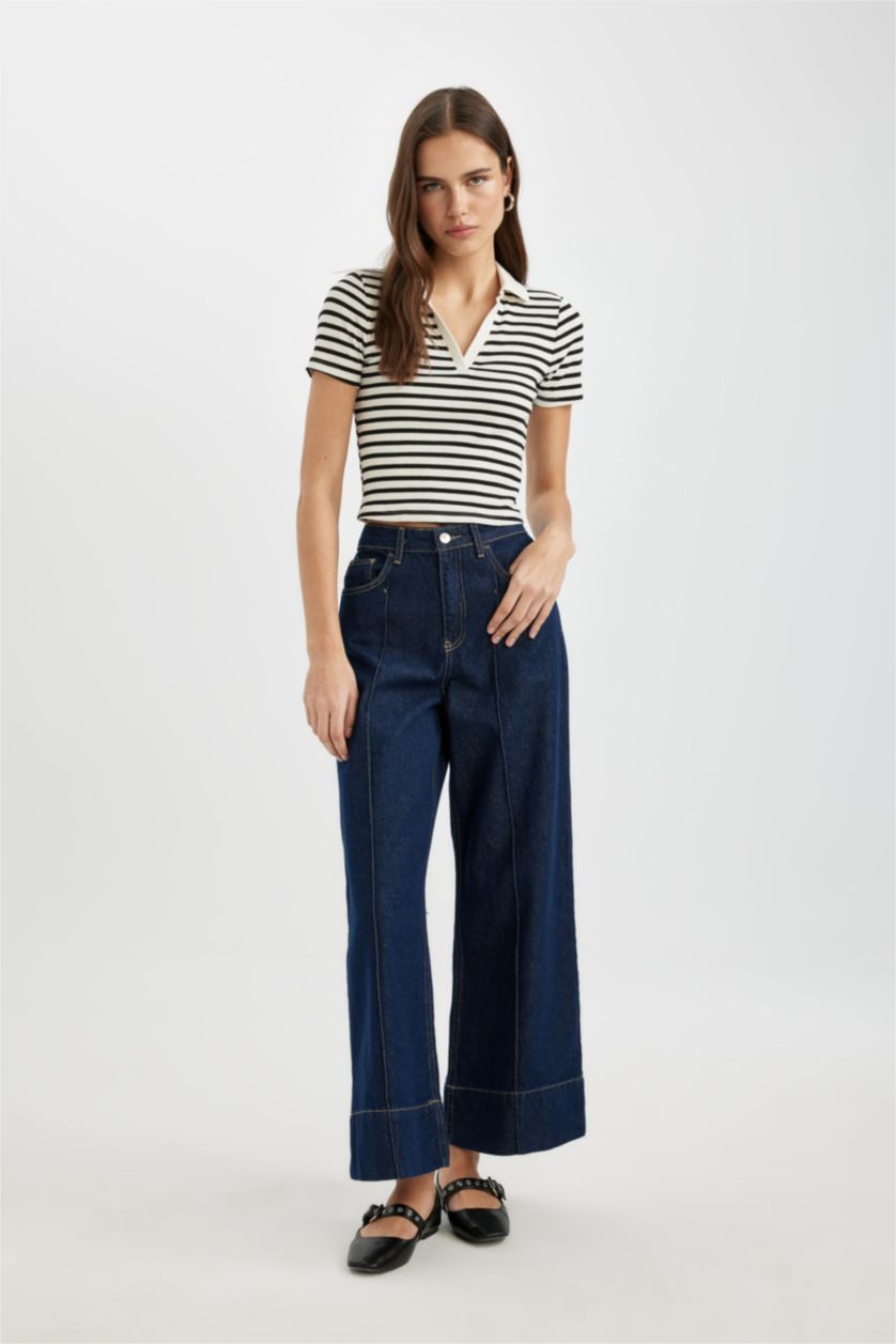 Kadın Siyah Slim Fit Dar Kesim Polo Yaka Çizgili Kısa Kollu Tişört