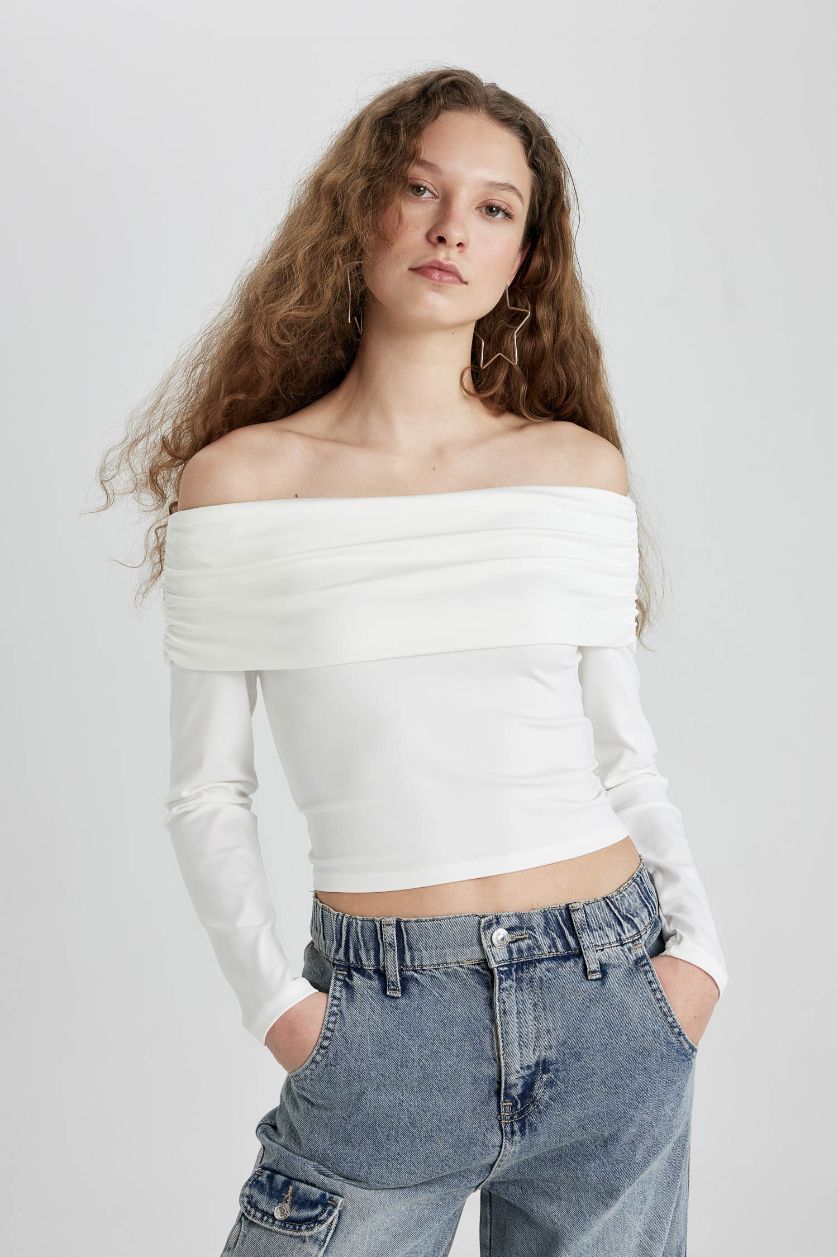 نساء اوف وايت بلوزة كم طويل سليم فيت بكتف مفتوح