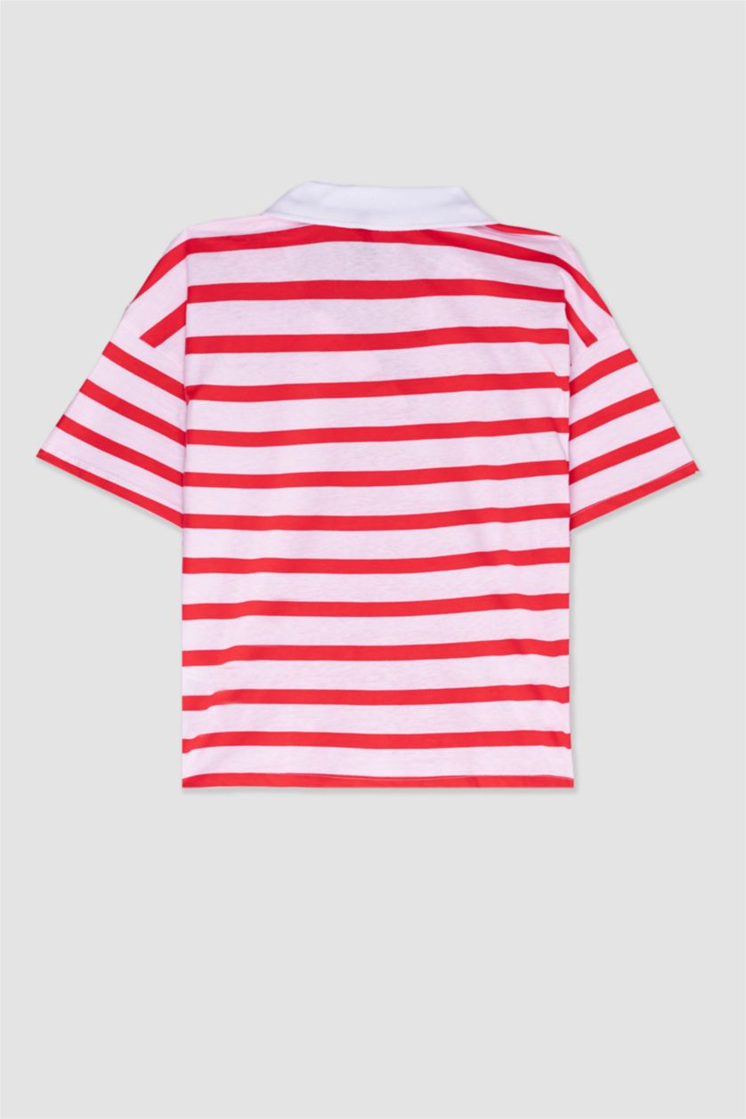 حريمي أحمر تيشيرت بولو مخطط نص كم قصة مريحة