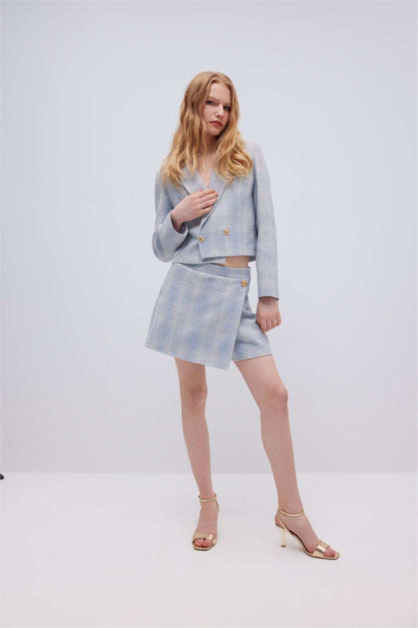 WOMAN Blue High Waist Checked Tweed Mini Skort