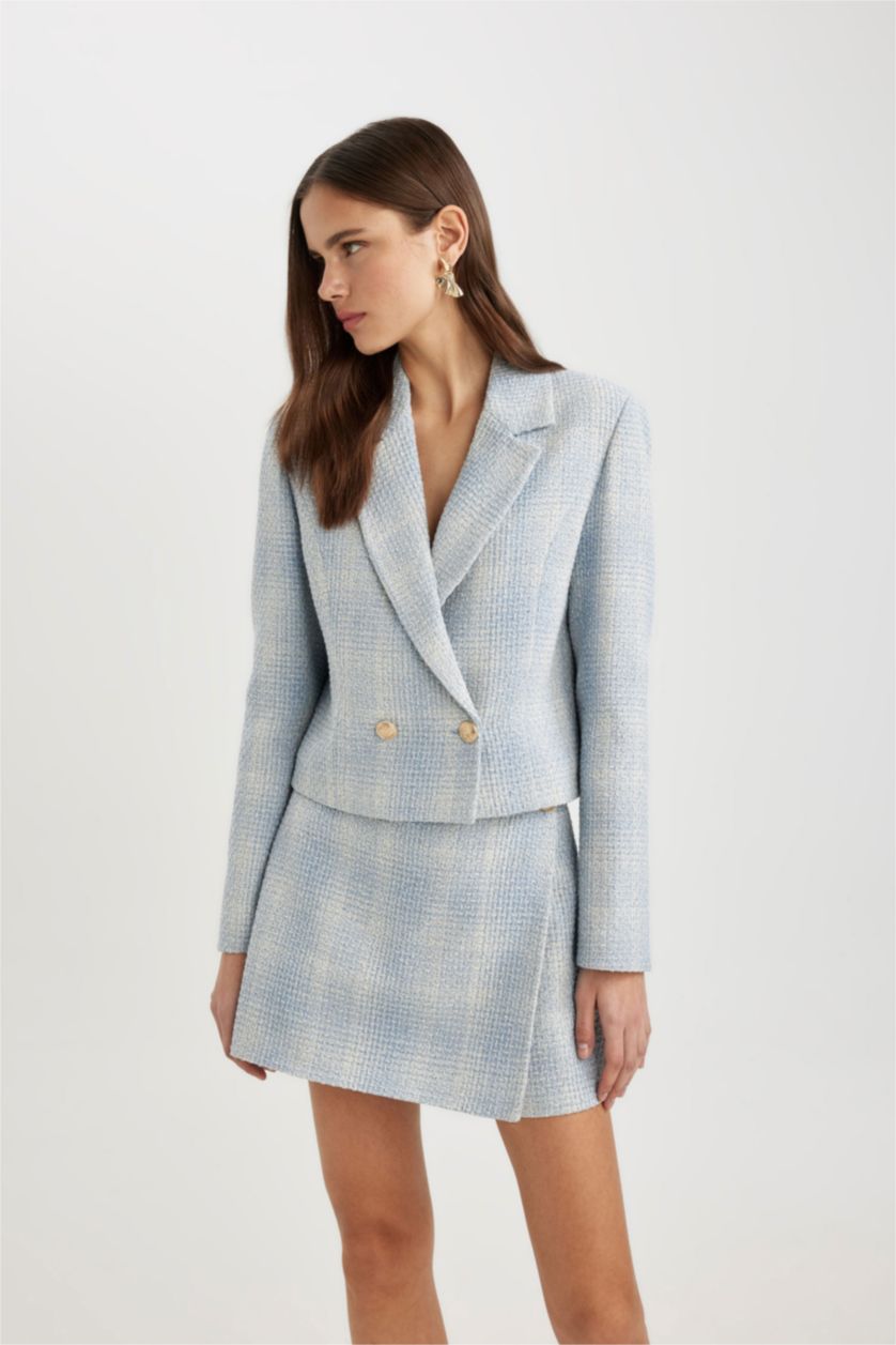 WOMAN Blue High Waist Checked Tweed Mini Skort