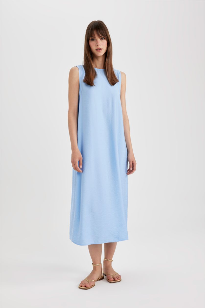 FEMME Bleu Robe Longue coupe régulière sans Manches à Col Rond