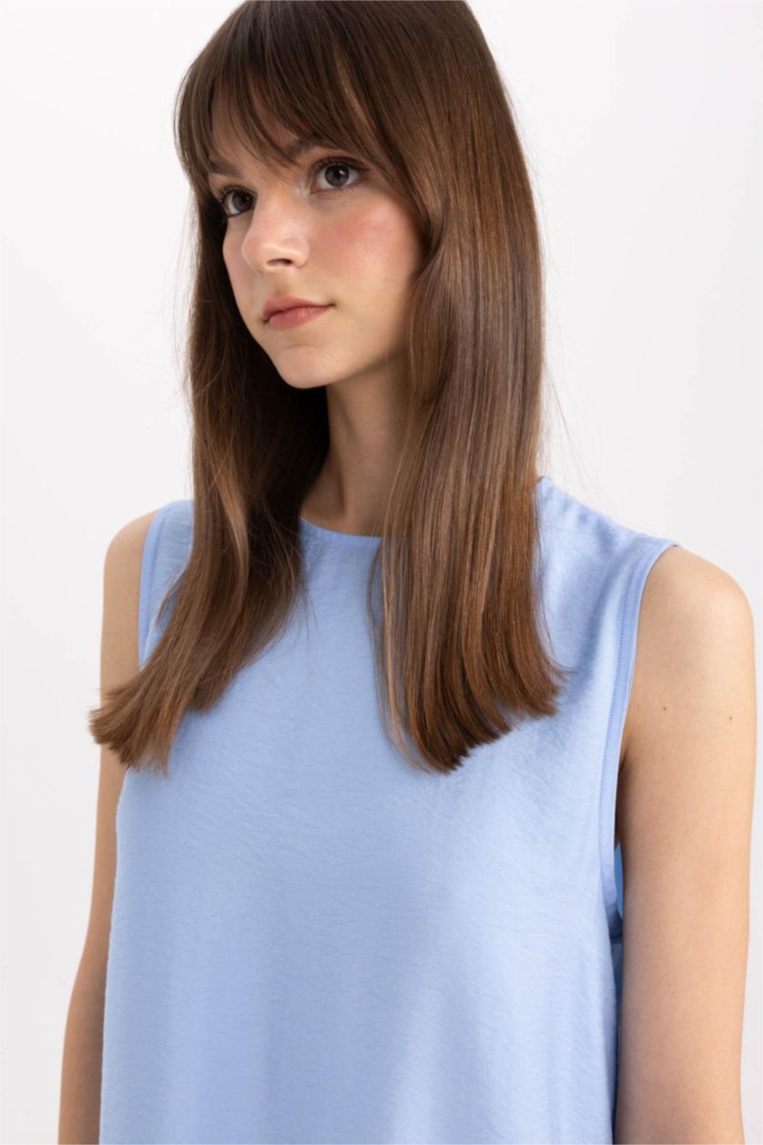 FEMME Bleu Robe Longue coupe régulière sans Manches à Col Rond