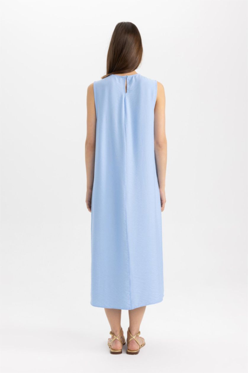 FEMME Bleu Robe Longue coupe régulière sans Manches à Col Rond