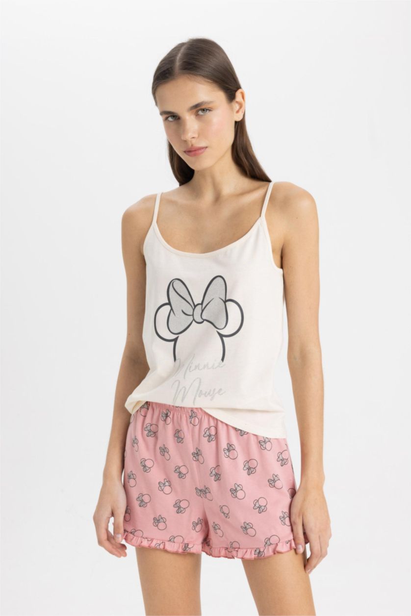 نساء وردي طقم بيجاما قصة عادية بحمالات من ديزني ميكي وميني - قطعتين