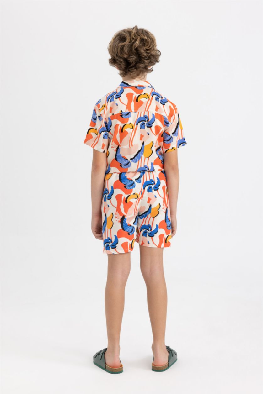 Erkek Çocuk - Genç Erkek Ekru Desenli Deniz Şortu Erkek Çocuk