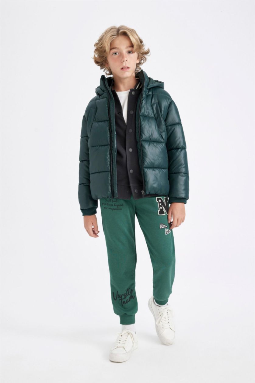 Boys & Teens Dark Green Boy Hooded Water Repellent Puffer Jacket