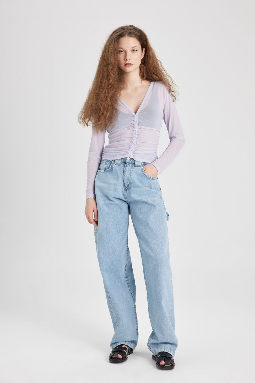 WOMAN Light Lilac Slim Fit V-Neck Long Sleeve Blouse