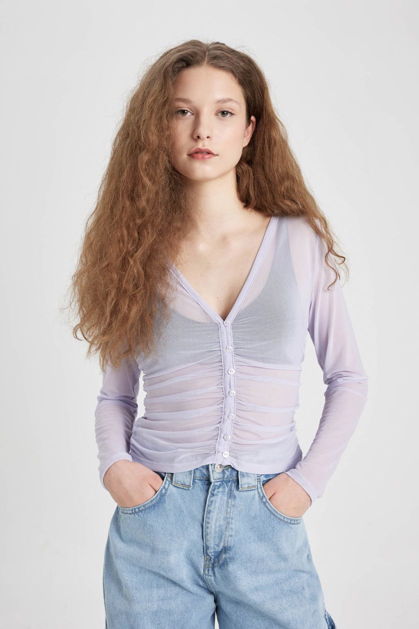 WOMAN Light Lilac Slim Fit V-Neck Long Sleeve Blouse
