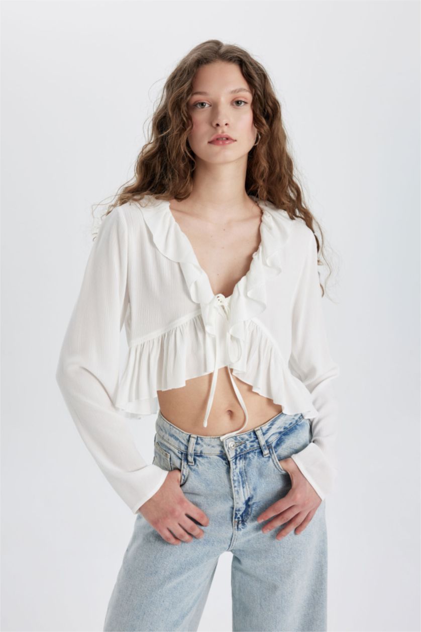 FEMME Blanc Blouse Viscose à Col en V Froissé Manches Longues