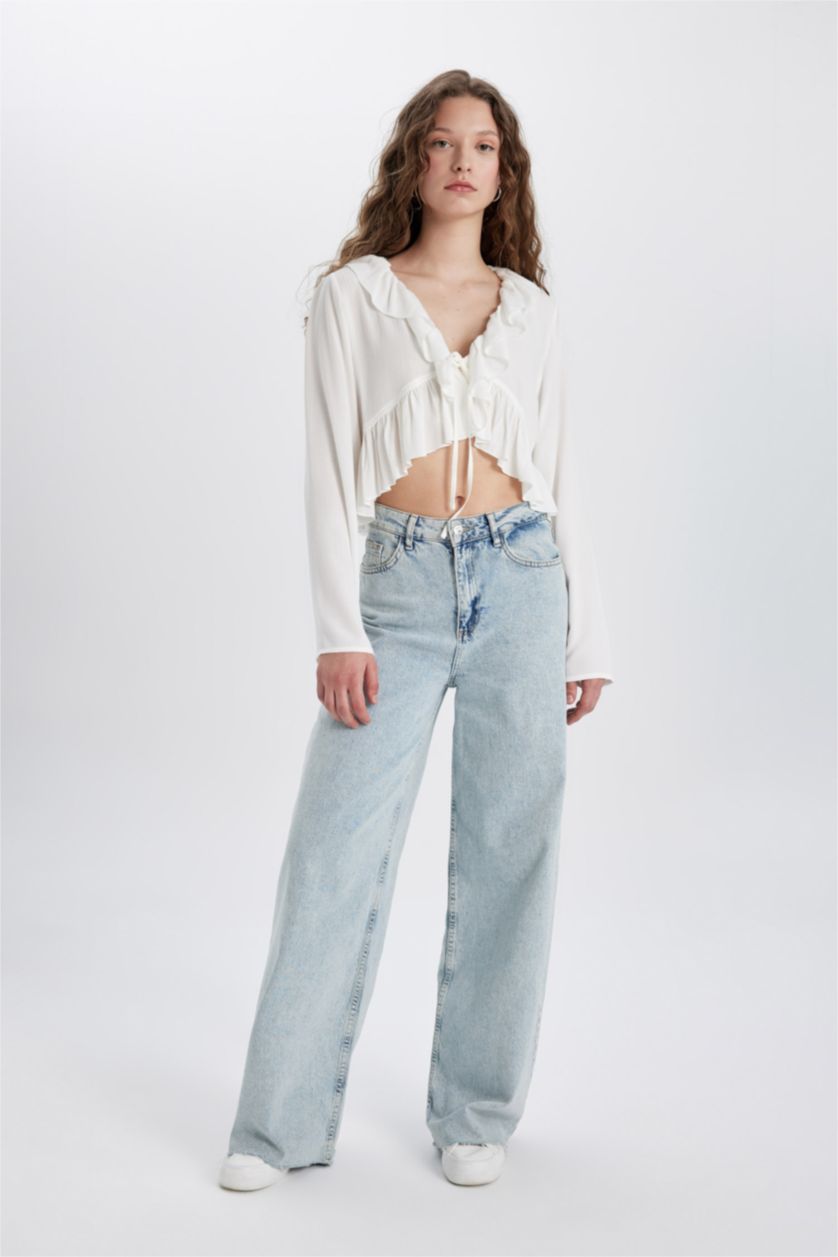 FEMME Blanc Blouse Viscose à Col en V Froissé Manches Longues