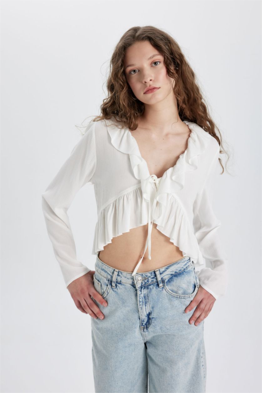 FEMME Blanc Blouse Viscose à Col en V Froissé Manches Longues