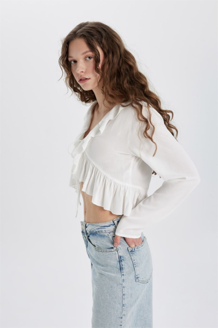 FEMME Blanc Blouse Viscose à Col en V Froissé Manches Longues