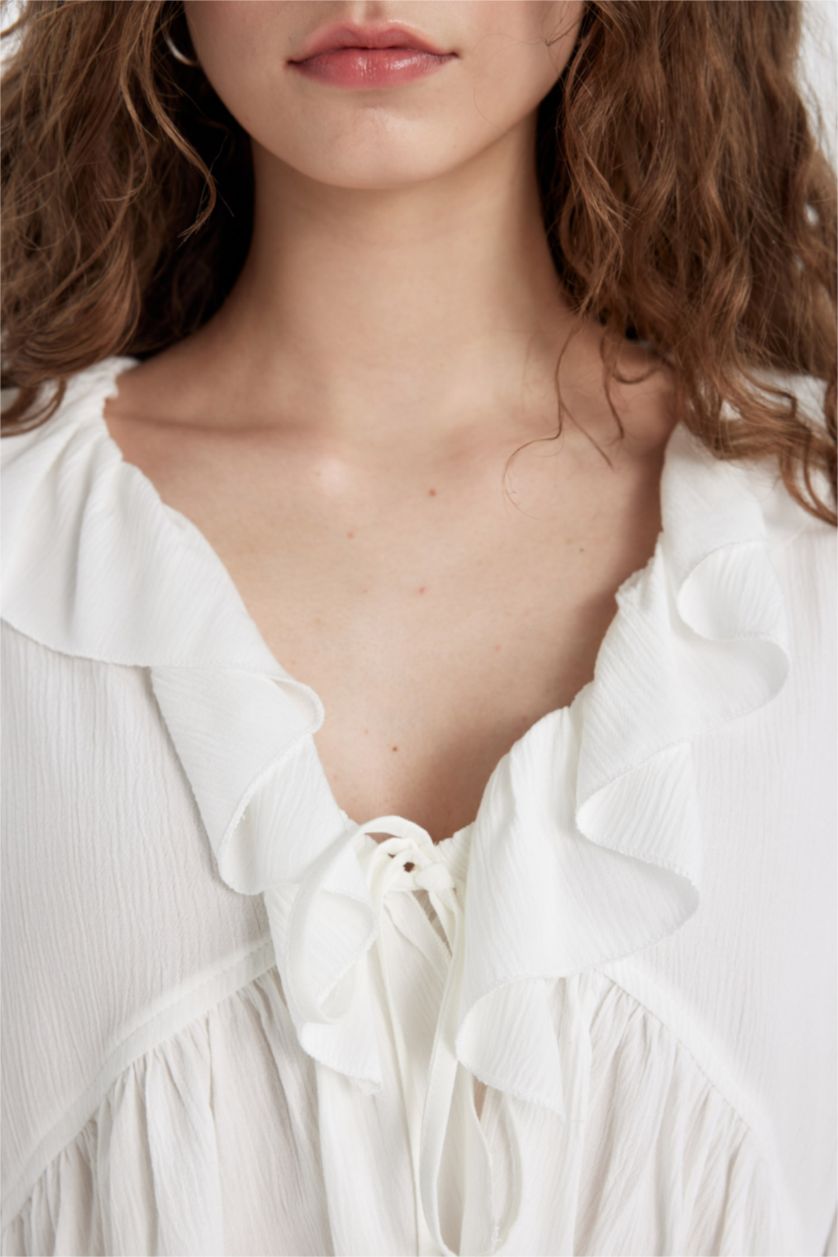 FEMME Blanc Blouse Viscose à Col en V Froissé Manches Longues