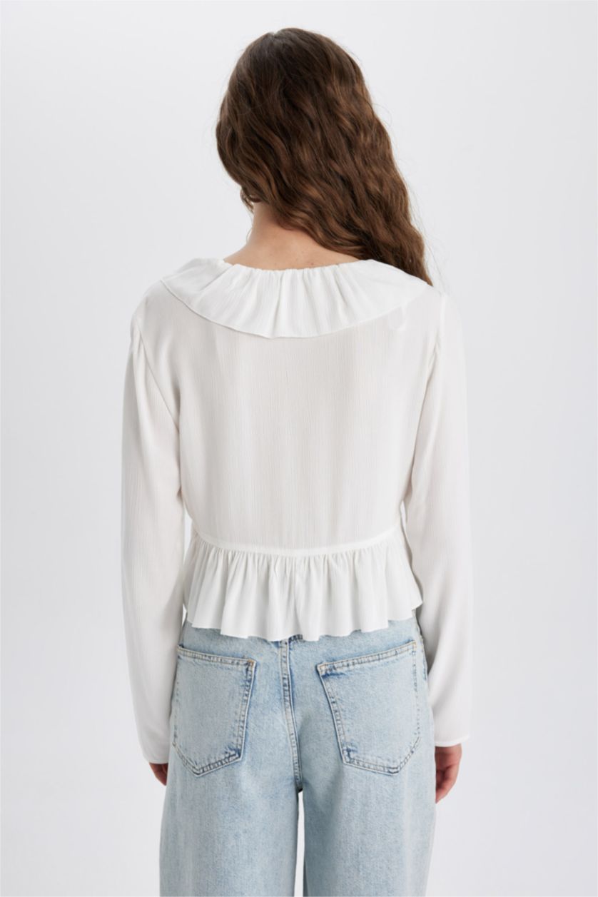 FEMME Blanc Blouse Viscose à Col en V Froissé Manches Longues