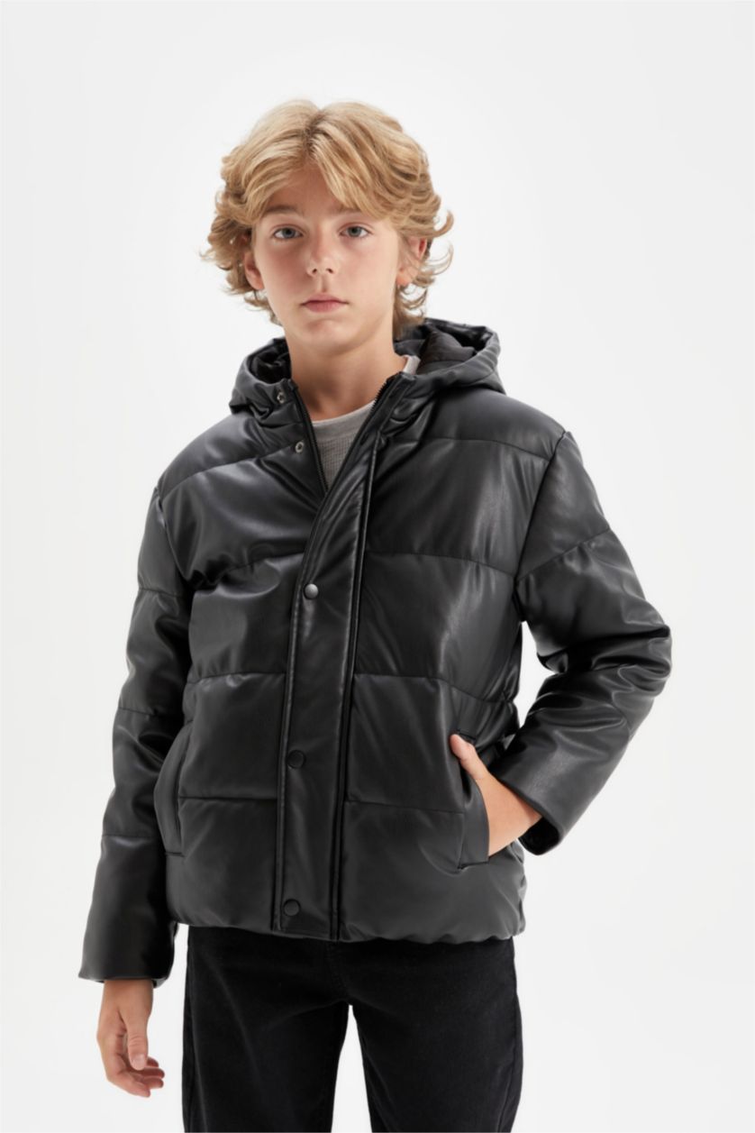 BOYS & TEENS Black Boy Waterproof Hooded Faux Leather Jacket