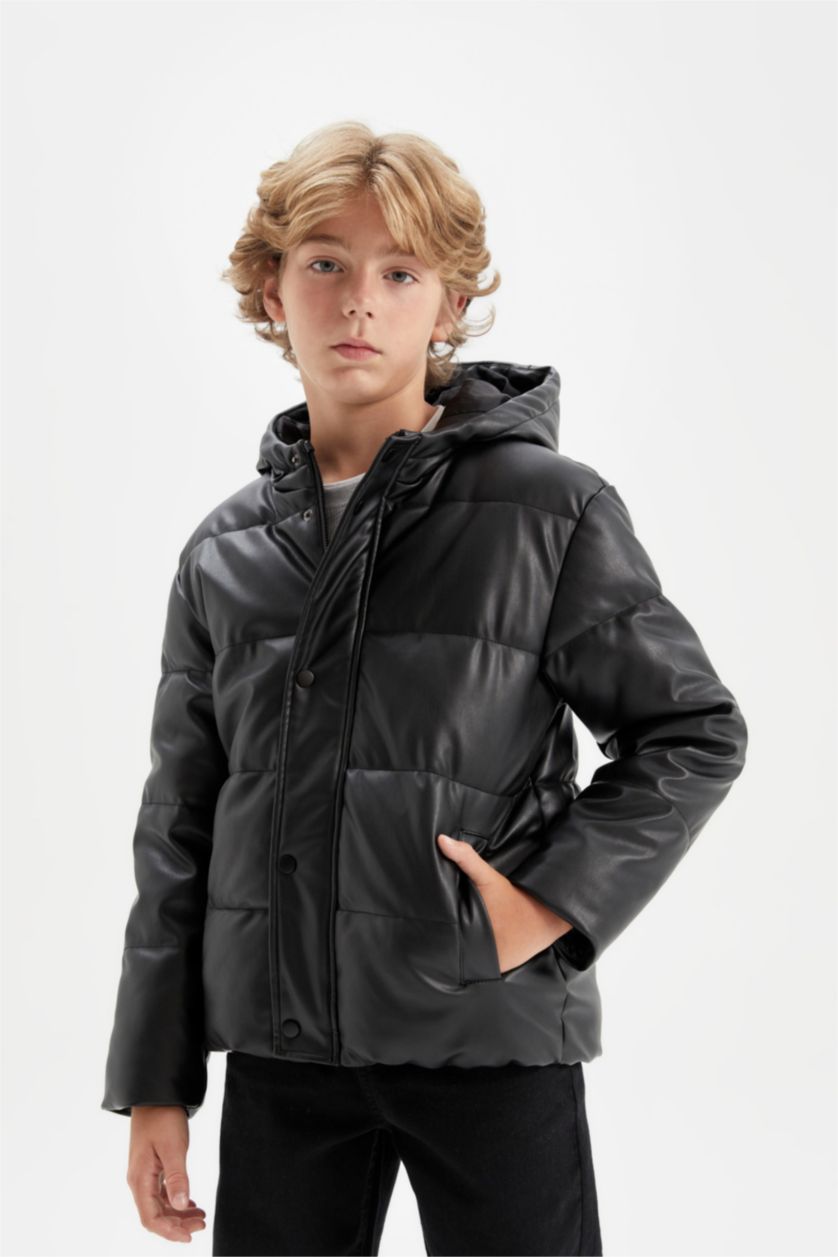BOYS & TEENS Black Boy Waterproof Hooded Faux Leather Jacket