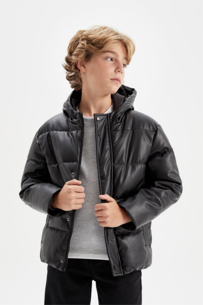 BOYS & TEENS Black Boy Waterproof Hooded Faux Leather Jacket