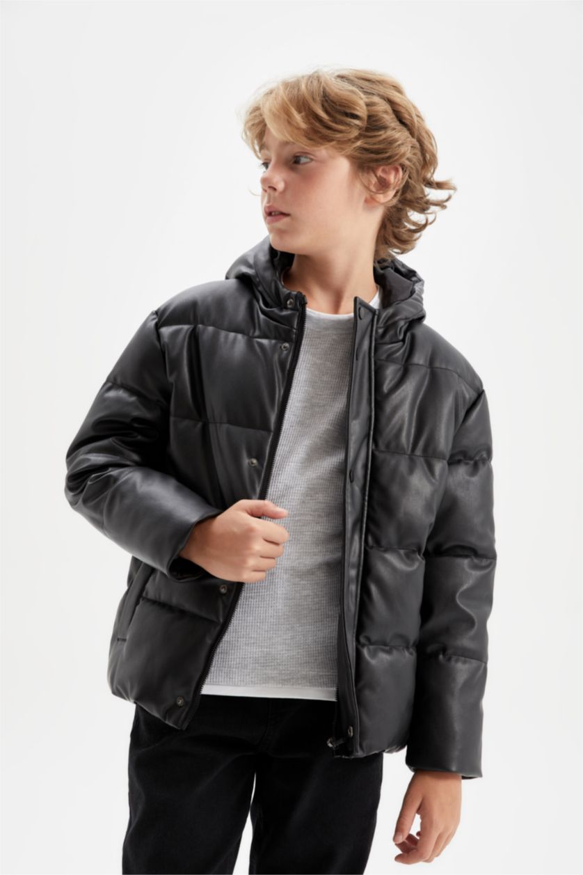 BOYS & TEENS Black Boy Waterproof Hooded Faux Leather Jacket