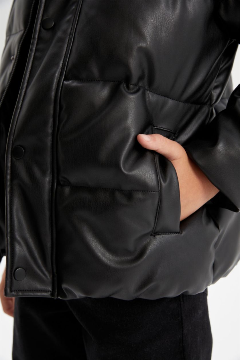 BOYS & TEENS Black Boy Waterproof Hooded Faux Leather Jacket