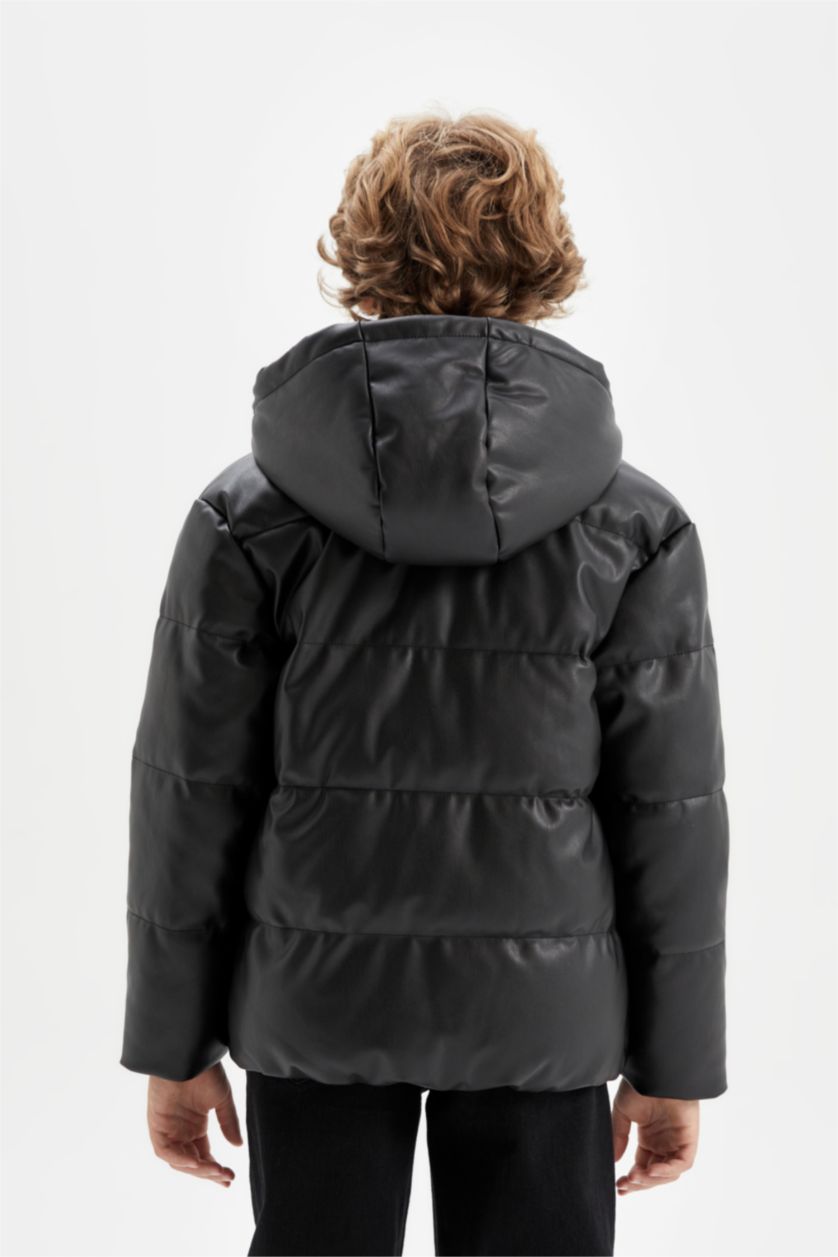 BOYS & TEENS Black Boy Waterproof Hooded Faux Leather Jacket