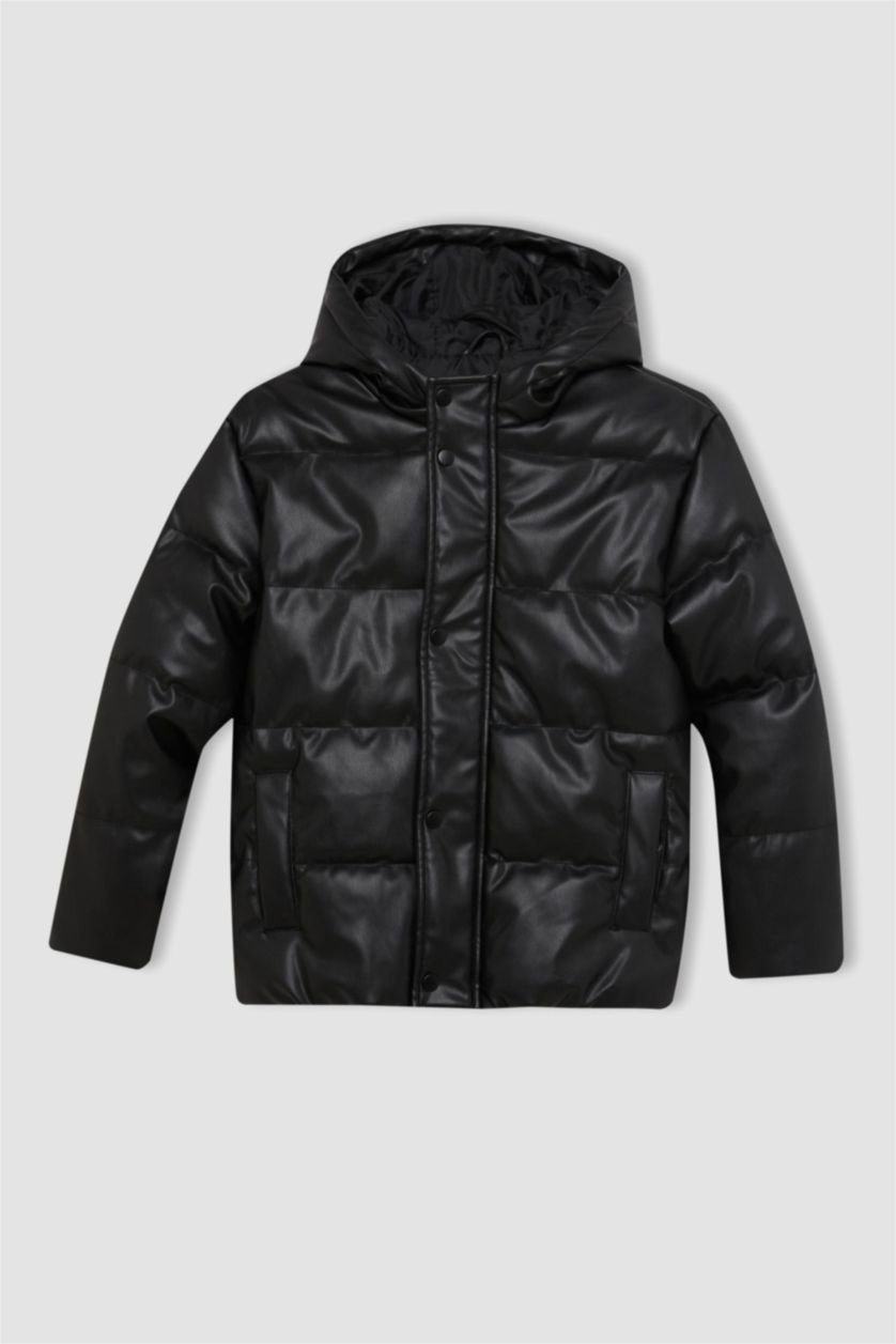 BOYS & TEENS Black Boy Waterproof Hooded Faux Leather Jacket