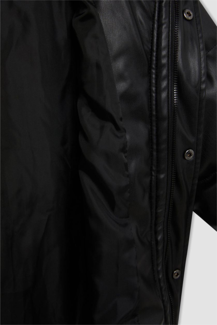 BOYS & TEENS Black Boy Waterproof Hooded Faux Leather Jacket