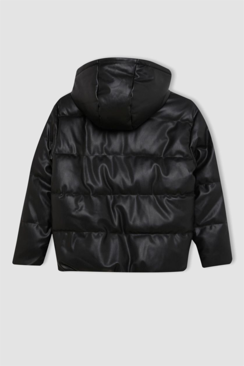 BOYS & TEENS Black Boy Waterproof Hooded Faux Leather Jacket