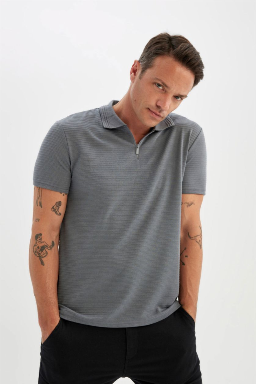 Erkek Koyu Gri New Regular Fit Fermuarlı Kısa Kollu Polo Basic Tişört