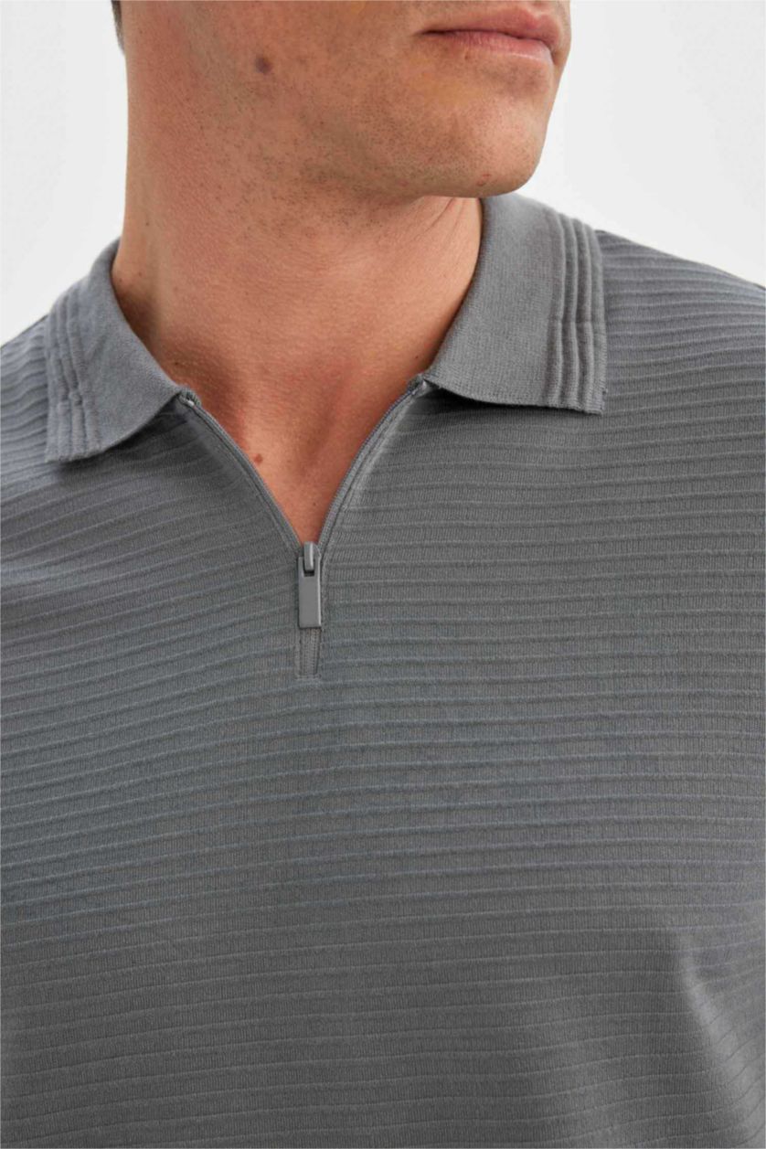 Erkek Koyu Gri New Regular Fit Fermuarlı Kısa Kollu Polo Basic Tişört