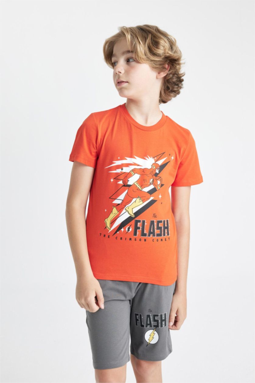Erkek Çocuk - Genç Erkek Koyu Turuncu Erkek Çocuk The Flash Pijama Takımı Kısa Kollu Üst Şort