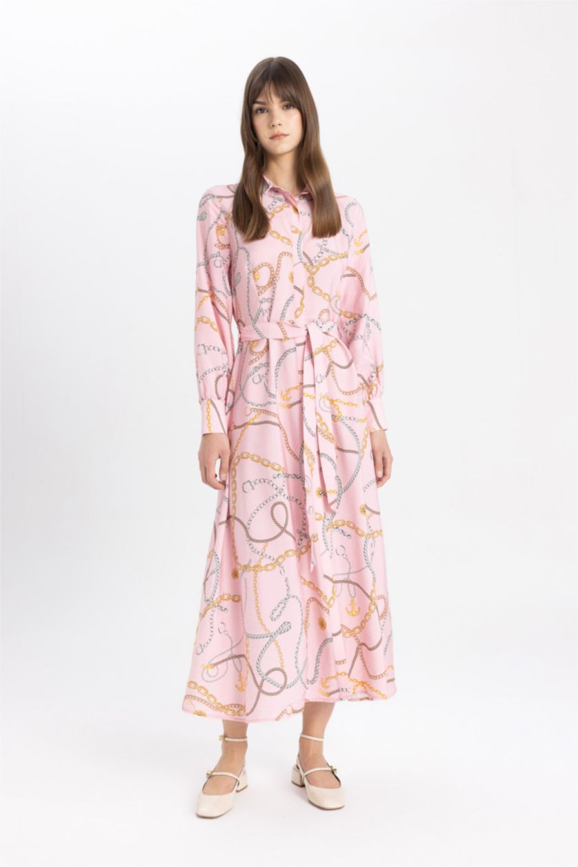 WOMAN Pink Shirt Collar Patterned Long Sleeve Basic Dress