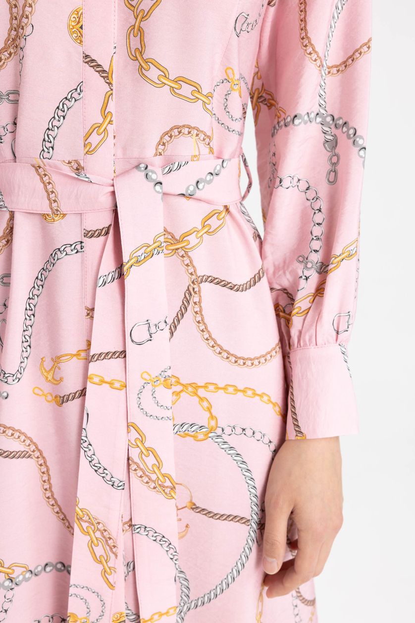 WOMAN Pink Shirt Collar Patterned Long Sleeve Basic Dress