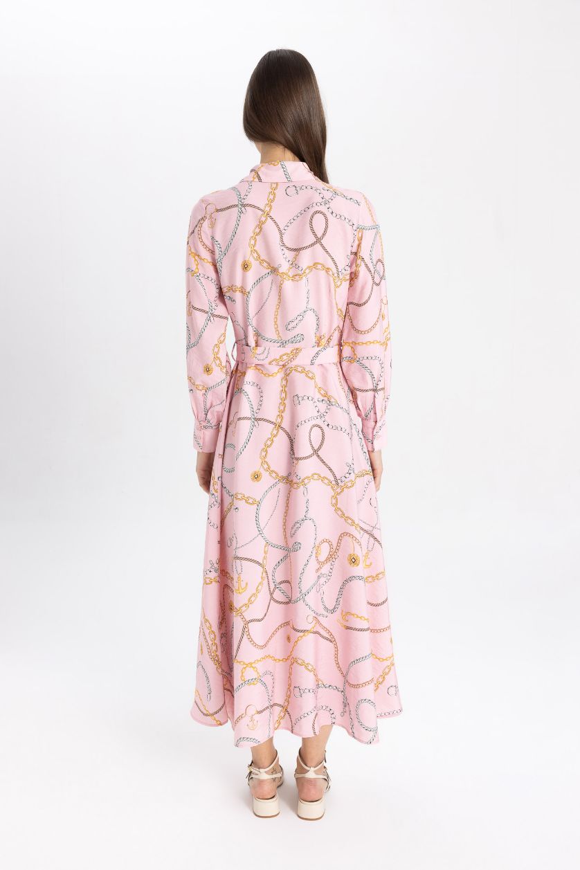 WOMAN Pink Shirt Collar Patterned Long Sleeve Basic Dress