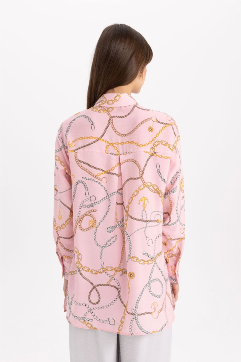 حريمي زهري تونيك مطبوع كم طويل وقصة مريحة