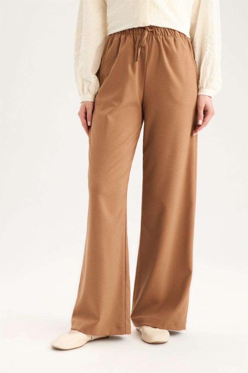 Kadın Camel Wide Leg Geniş Paça Beli Lastikli Bağcıklı Basic Düz Palazzo Pantolon