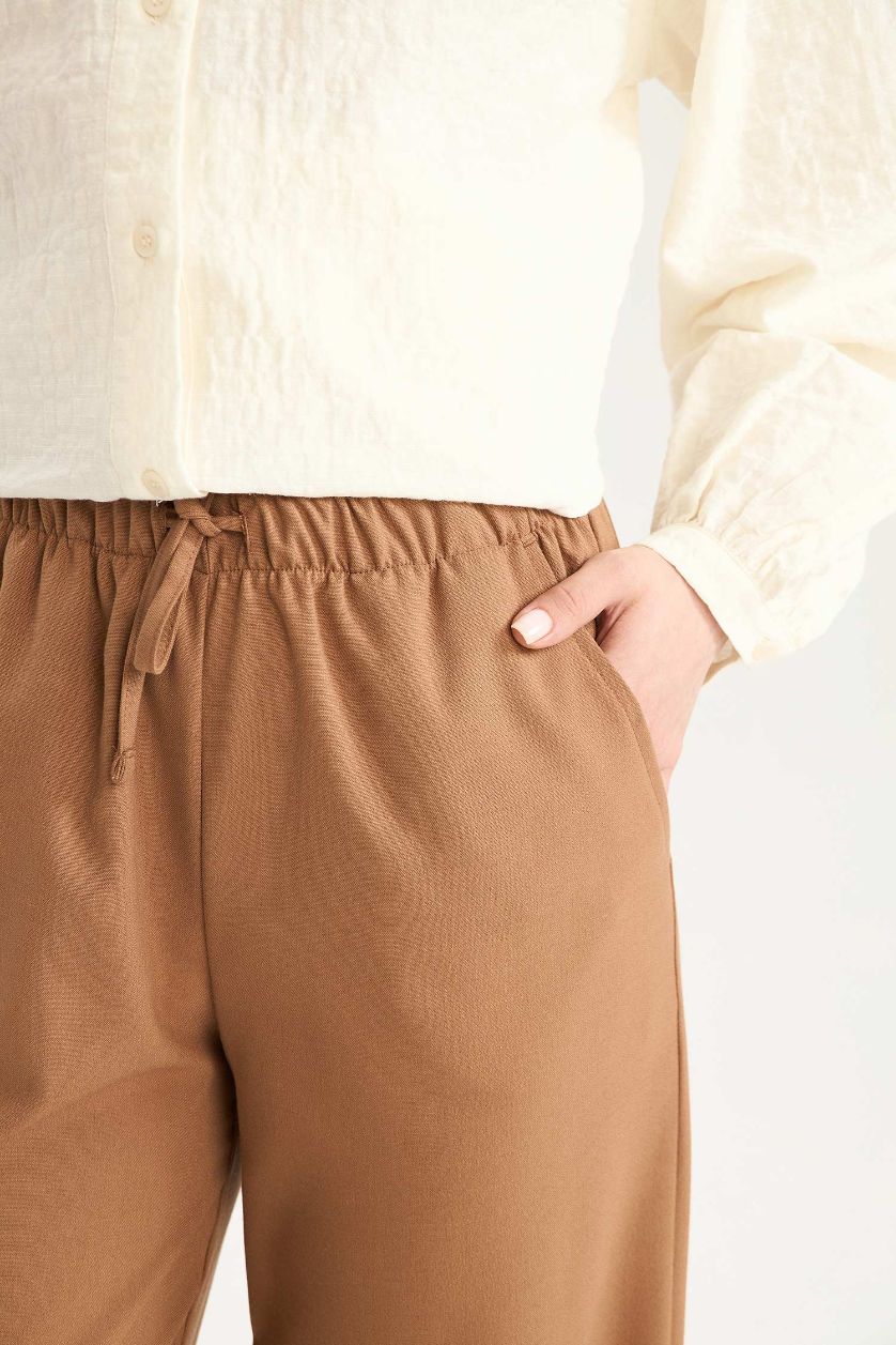 Kadın Camel Wide Leg Geniş Paça Beli Lastikli Bağcıklı Basic Düz Palazzo Pantolon