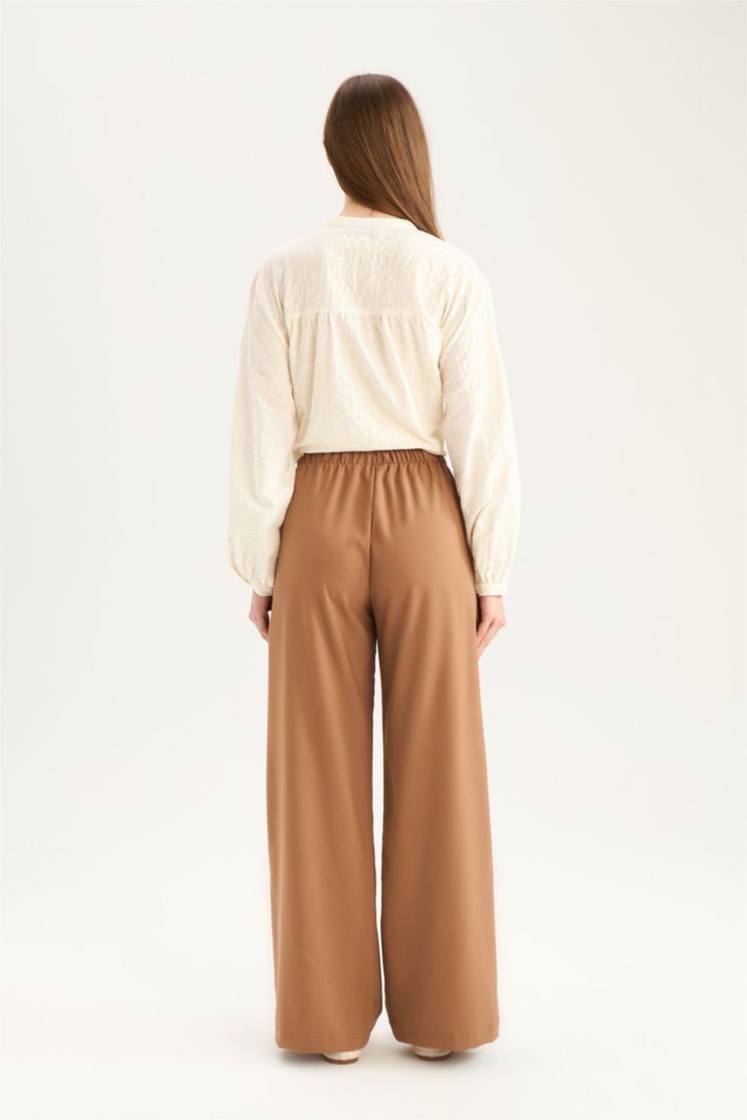 Kadın Camel Wide Leg Geniş Paça Beli Lastikli Bağcıklı Basic Düz Palazzo Pantolon
