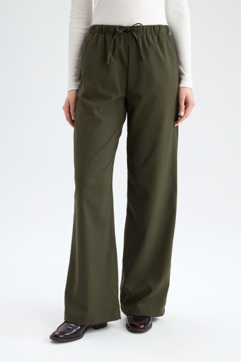 نساء كاكي غامق بنطرون كاجوال برجل واسع وايد ليج