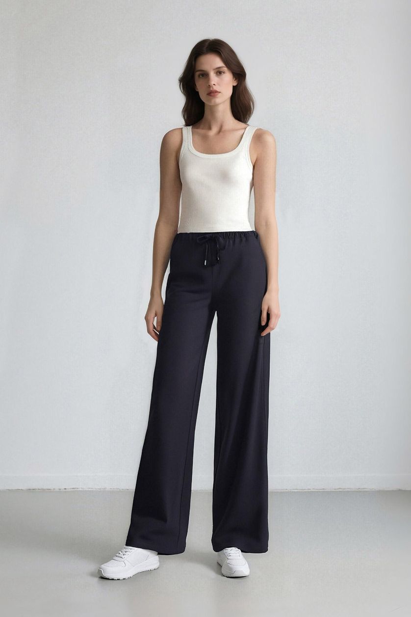 Kadın Lacivert Wide Leg Geniş Paça Beli Lastikli Bağcıklı Basic Düz Palazzo Pantolon