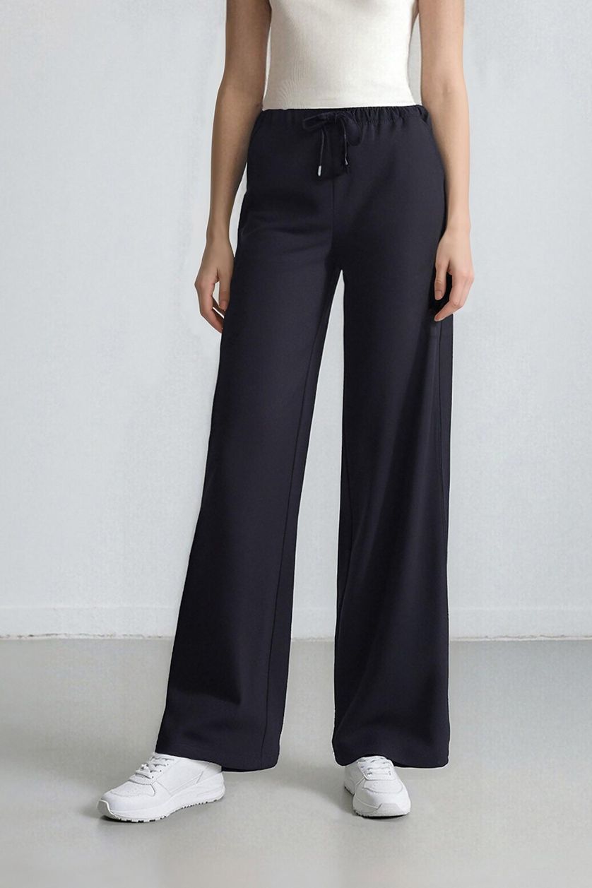 Kadın Lacivert Wide Leg Geniş Paça Beli Lastikli Bağcıklı Basic Düz Palazzo Pantolon