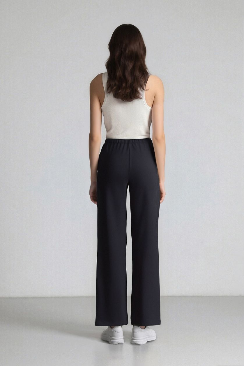 Kadın Lacivert Wide Leg Geniş Paça Beli Lastikli Bağcıklı Basic Düz Palazzo Pantolon