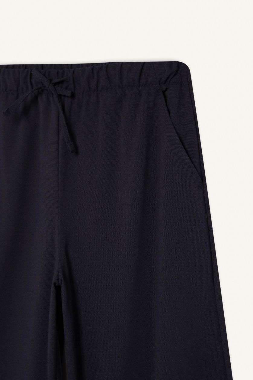 Kadın Lacivert Wide Leg Geniş Paça Beli Lastikli Bağcıklı Basic Düz Palazzo Pantolon