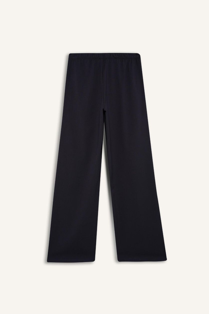 Kadın Lacivert Wide Leg Geniş Paça Beli Lastikli Bağcıklı Basic Düz Palazzo Pantolon