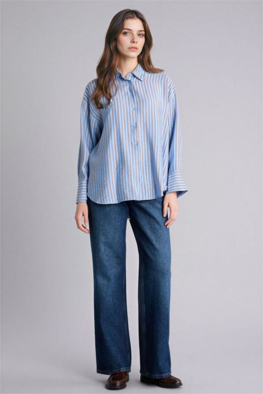 Kadın Koyu Mavi Relax Fıt Baskılı Uzun Kollu Tunik