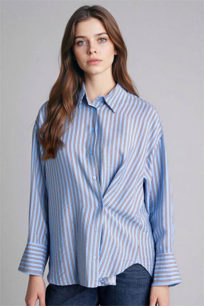 Kadın Koyu Mavi Relax Fıt Baskılı Uzun Kollu Tunik