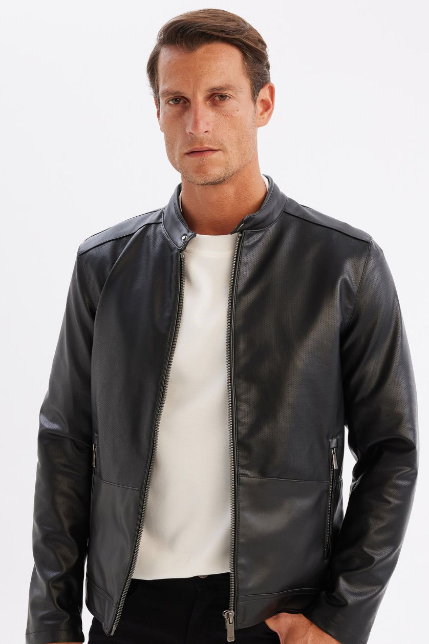 Black Man Slim Fit Stand Collar Zippered Thin Faux Leather Jacket