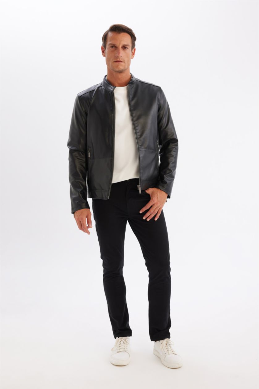 رجالي أسود جاكيت جلد صناعي خفيف سليم فيت بياقة عالية مبطن